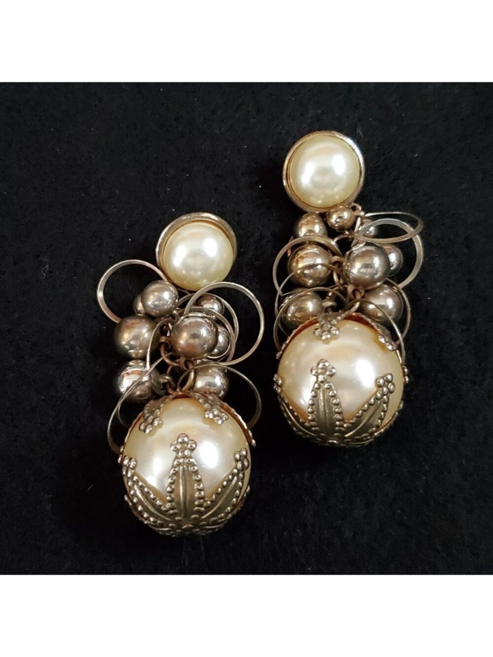 Vintage Cha Cha Earrings Dangle Silver Tone Faux Pearl Statement Pierced 3"